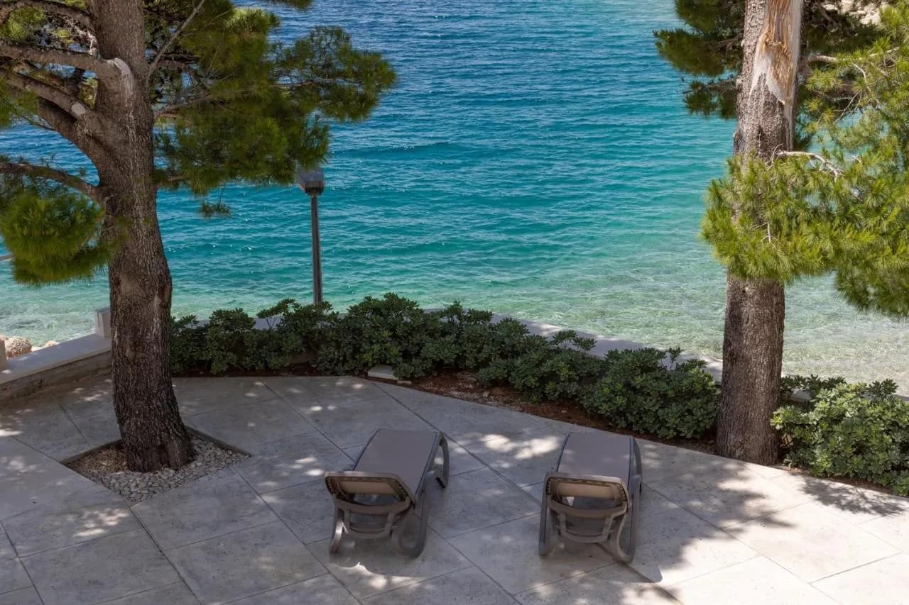 Ležaljke između borova na sunčalištu iznad tirkiznog mora, Villa Carica